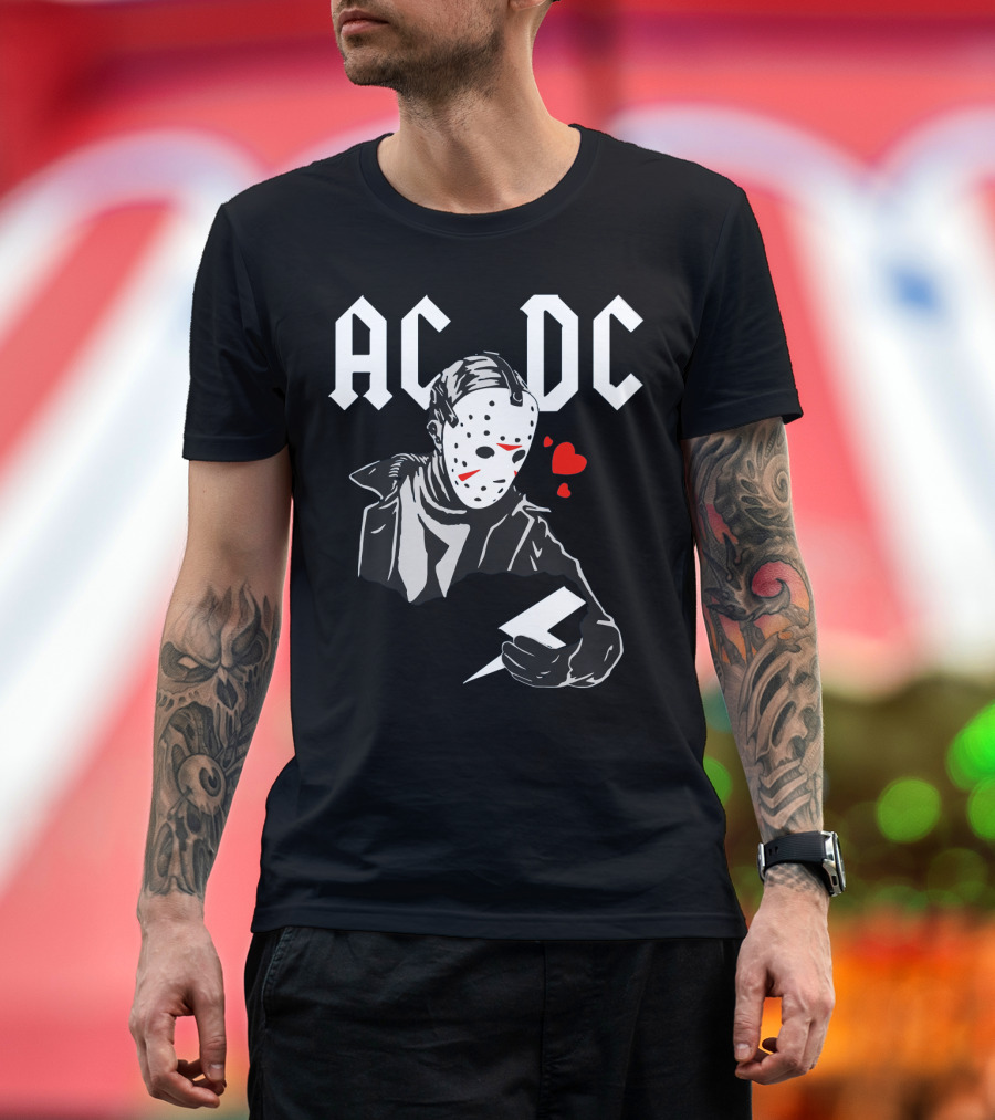Acdc Jason Voorhees Mask Holding Lightning Bolt With Hearts T-Shirt