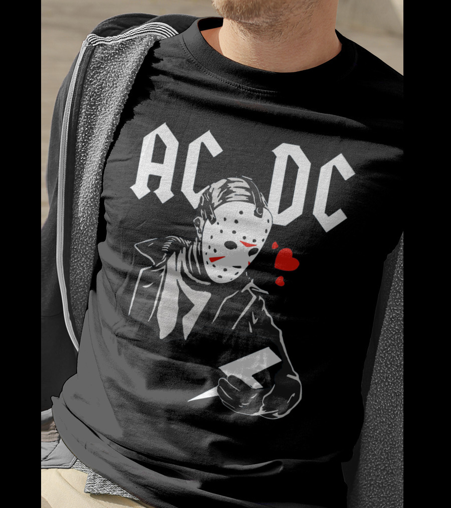 Acdc Jason Voorhees Mask Holding Lightning Bolt With Hearts T-Shirt