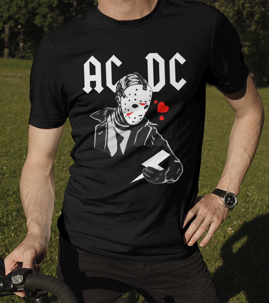 Acdc Jason Voorhees Mask Holding Lightning Bolt With Hearts T-Shirt