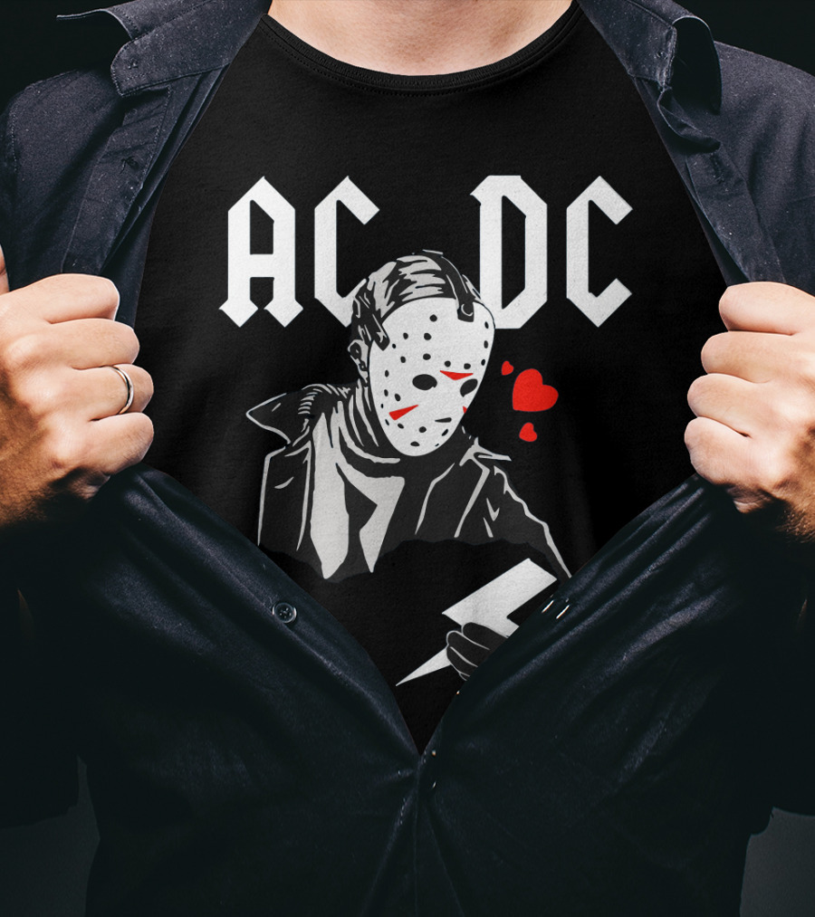 Acdc Jason Voorhees Mask Holding Lightning Bolt With Hearts T-Shirt