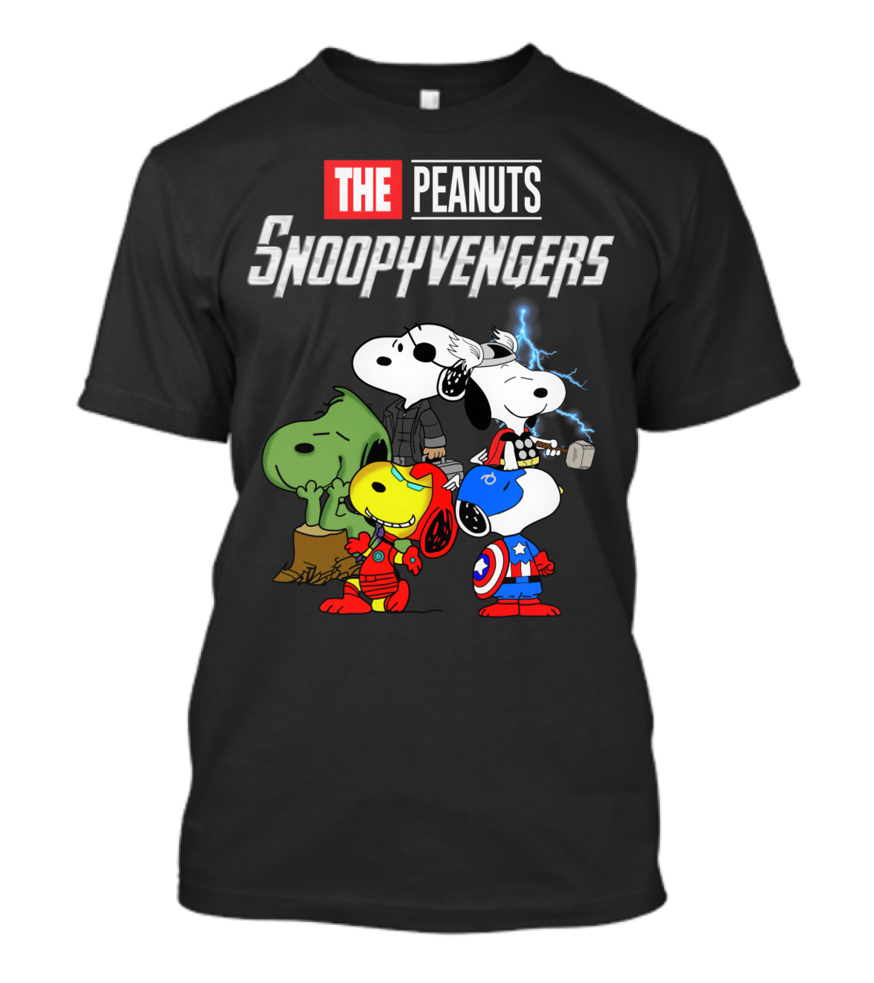 The Peanuts Snoopyvengers Marvel Avengers Endgame Crossover With Snoopy As Iron Man Captain America Thor Hulk Black Widow T-Shirt