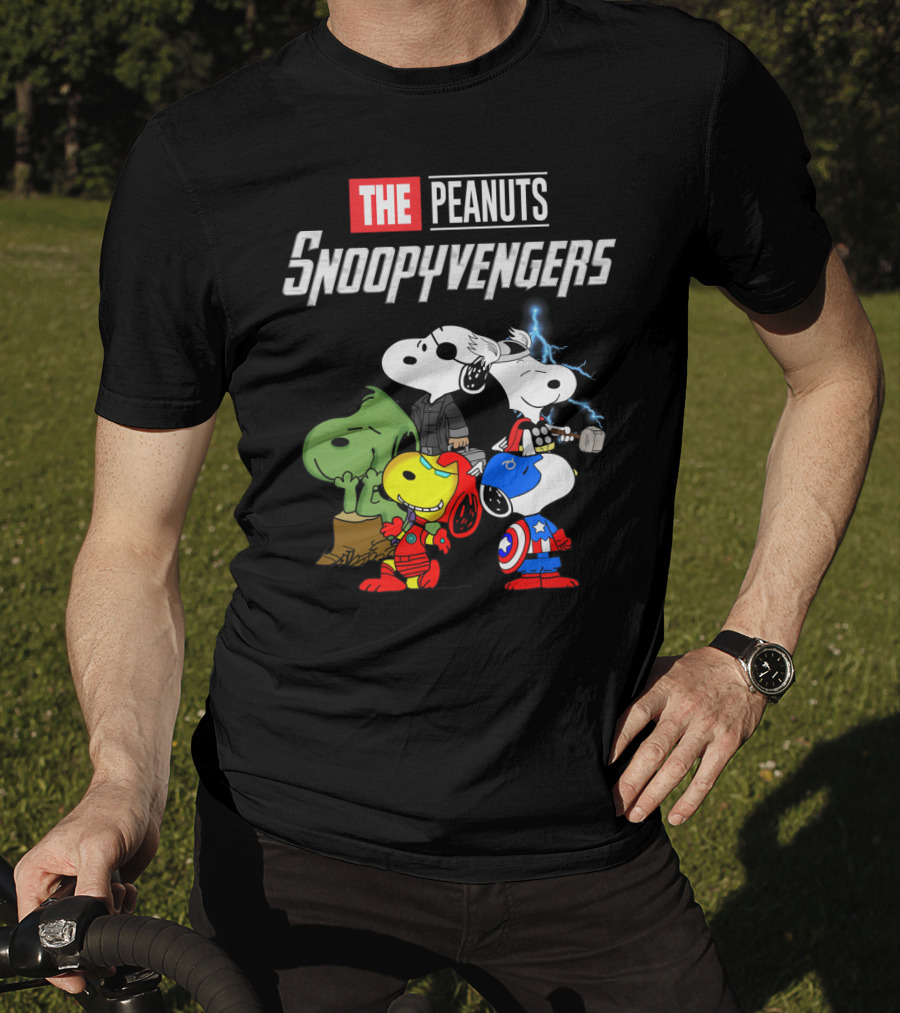 The Peanuts Snoopyvengers Marvel Avengers Endgame Crossover With Snoopy As Iron Man Captain America Thor Hulk Black Widow T-Shirt