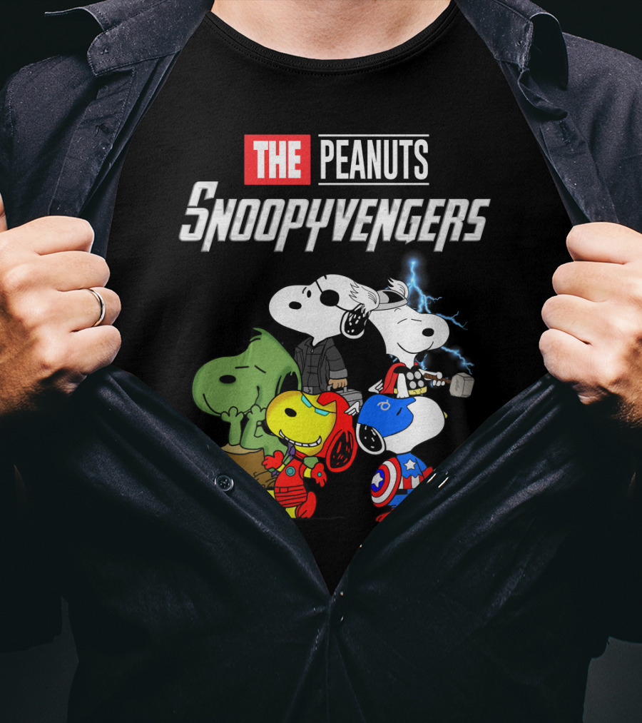The Peanuts Snoopyvengers Marvel Avengers Endgame Crossover With Snoopy As Iron Man Captain America Thor Hulk Black Widow T-Shirt