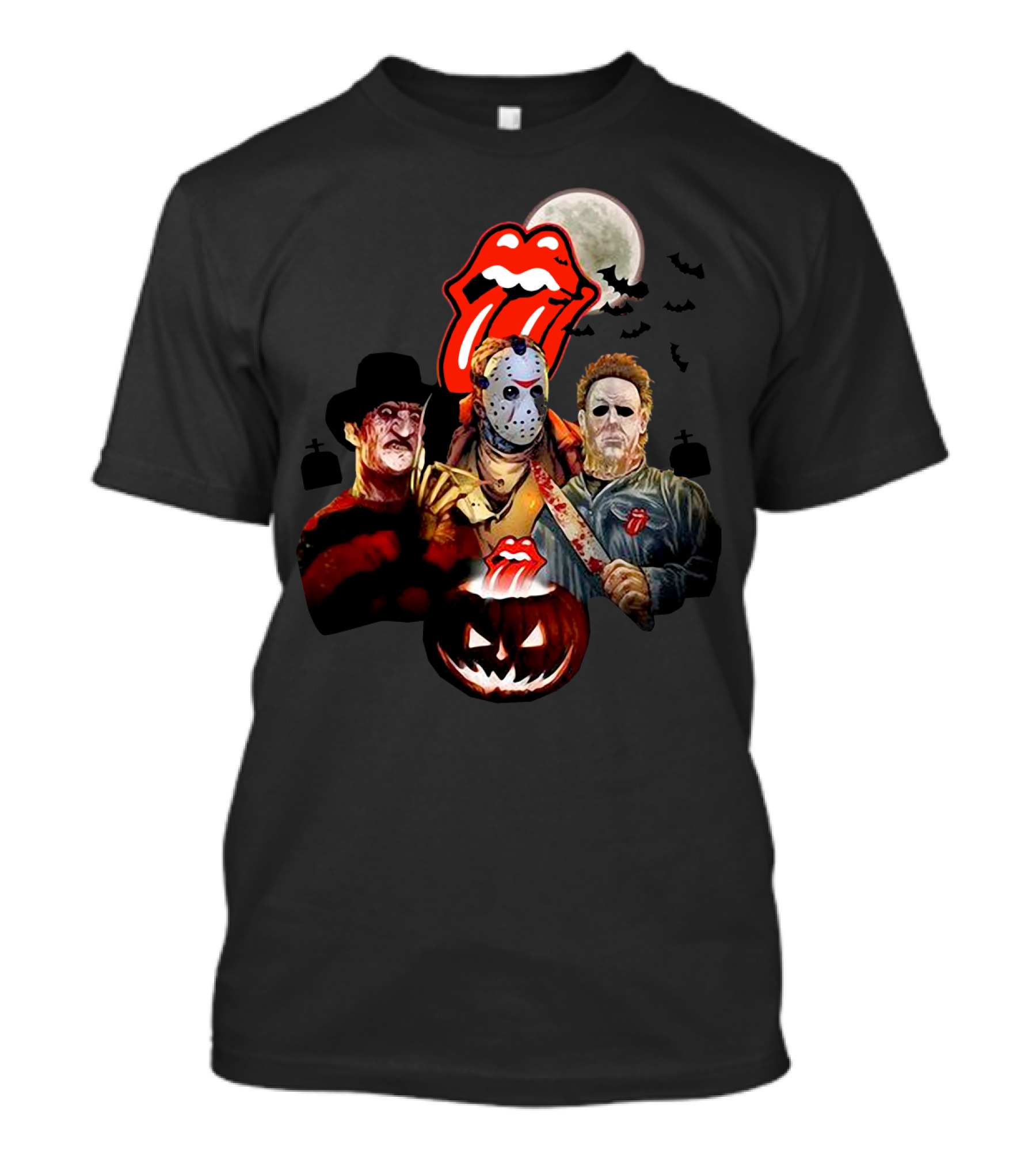 Michael Myers Voorhees Freddy Horror Mashup Halloween Moon Pumpkins Bats Tongue T-Shirt