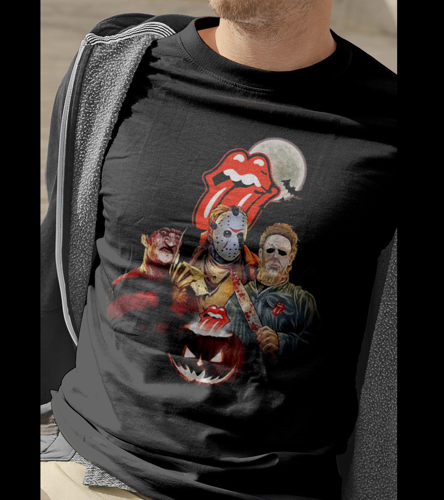 Michael Myers Voorhees Freddy Horror Mashup Halloween Moon Pumpkins Bats Tongue T-Shirt