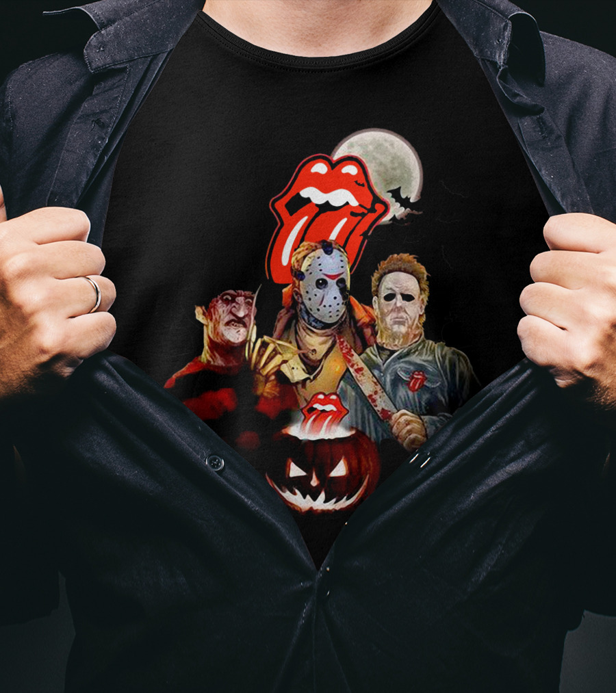 Michael Myers Voorhees Freddy Horror Mashup Halloween Moon Pumpkins Bats Tongue T-Shirt