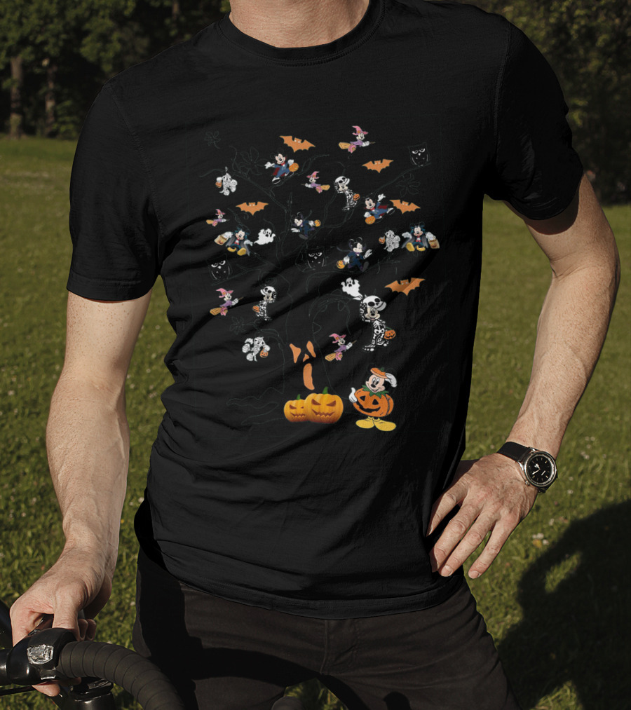 Mickey Mouse Halloween Tree With Pumpkins And Skeleton Costumes T-Shirt
