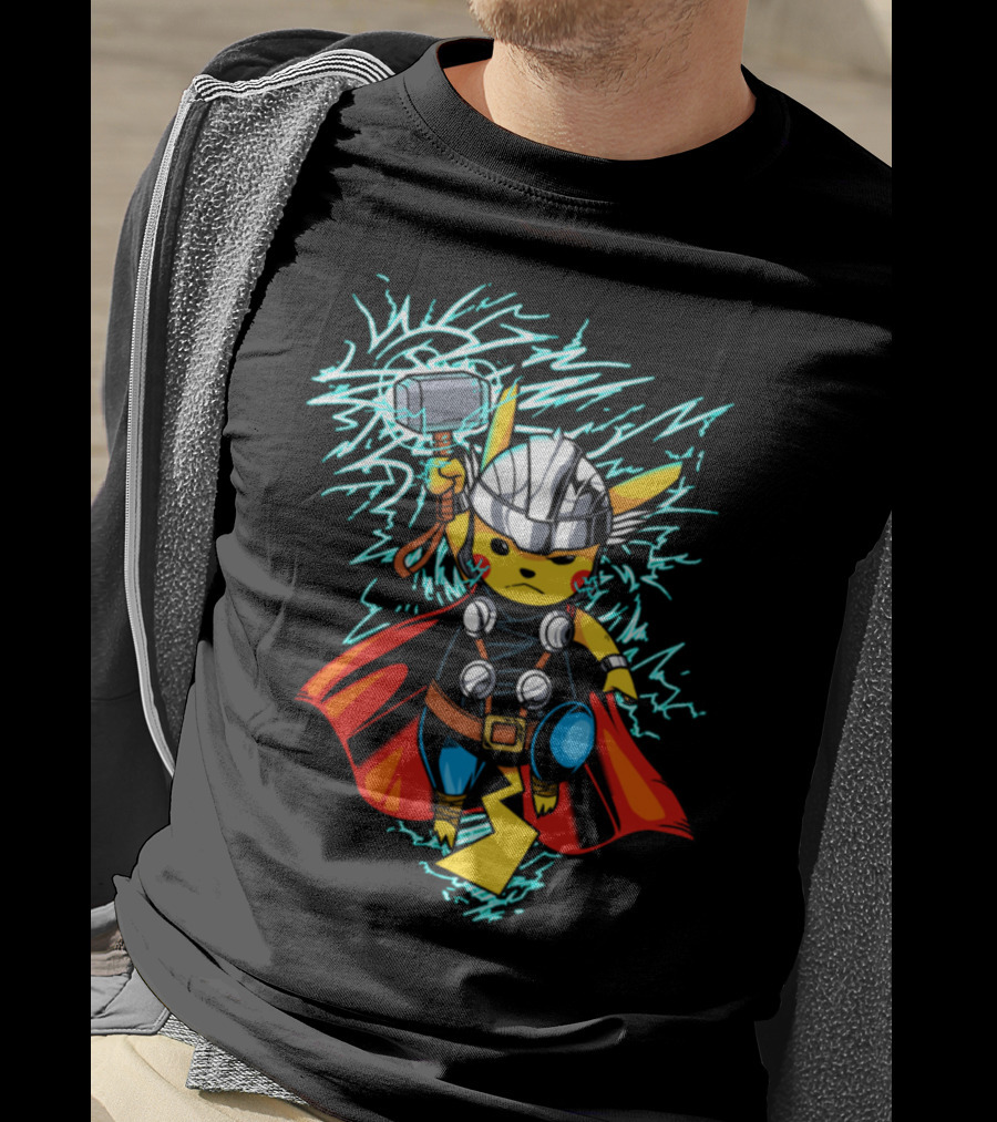 Pikachu Wielding Thor's Hammer With Lightning And Armor T-Shirt