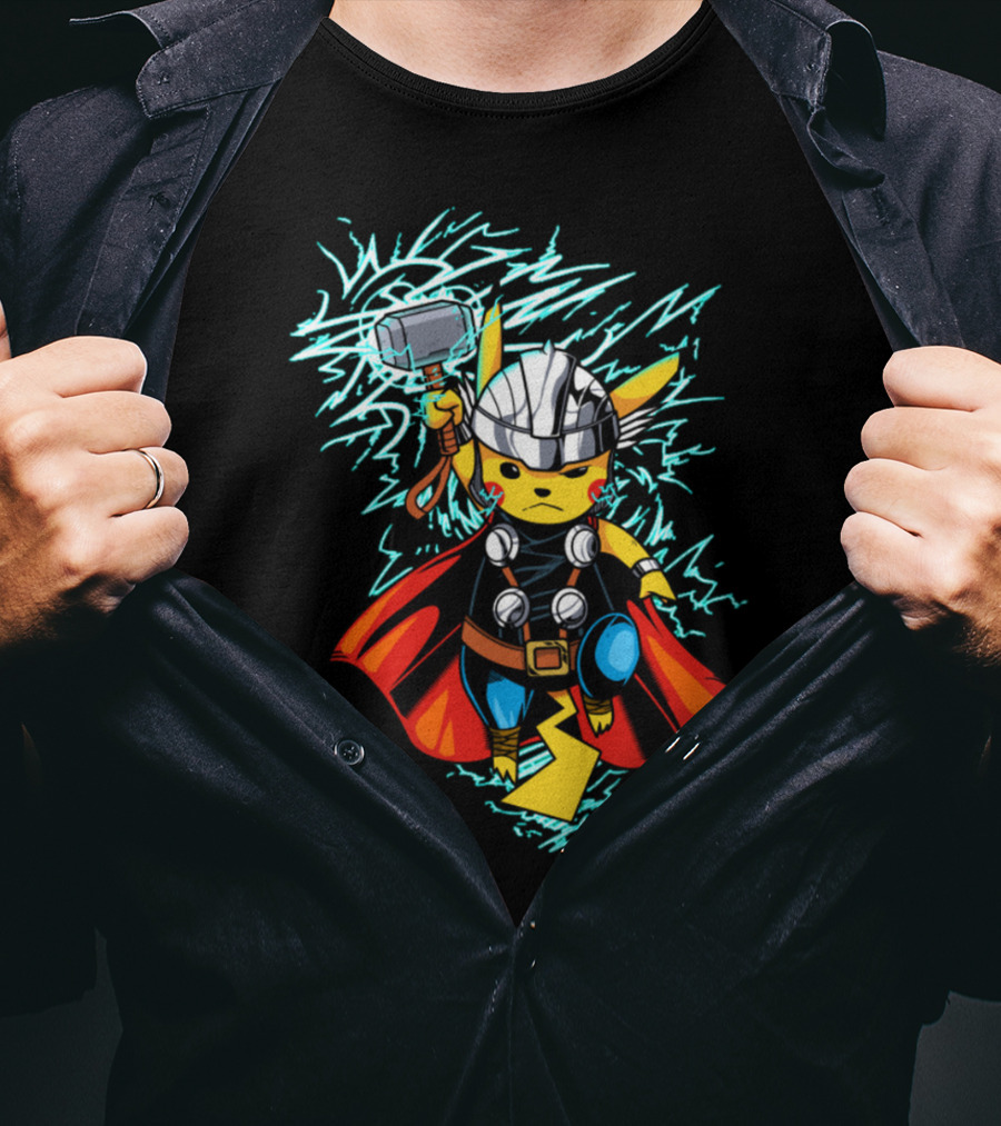 Pikachu Wielding Thor's Hammer With Lightning And Armor T-Shirt