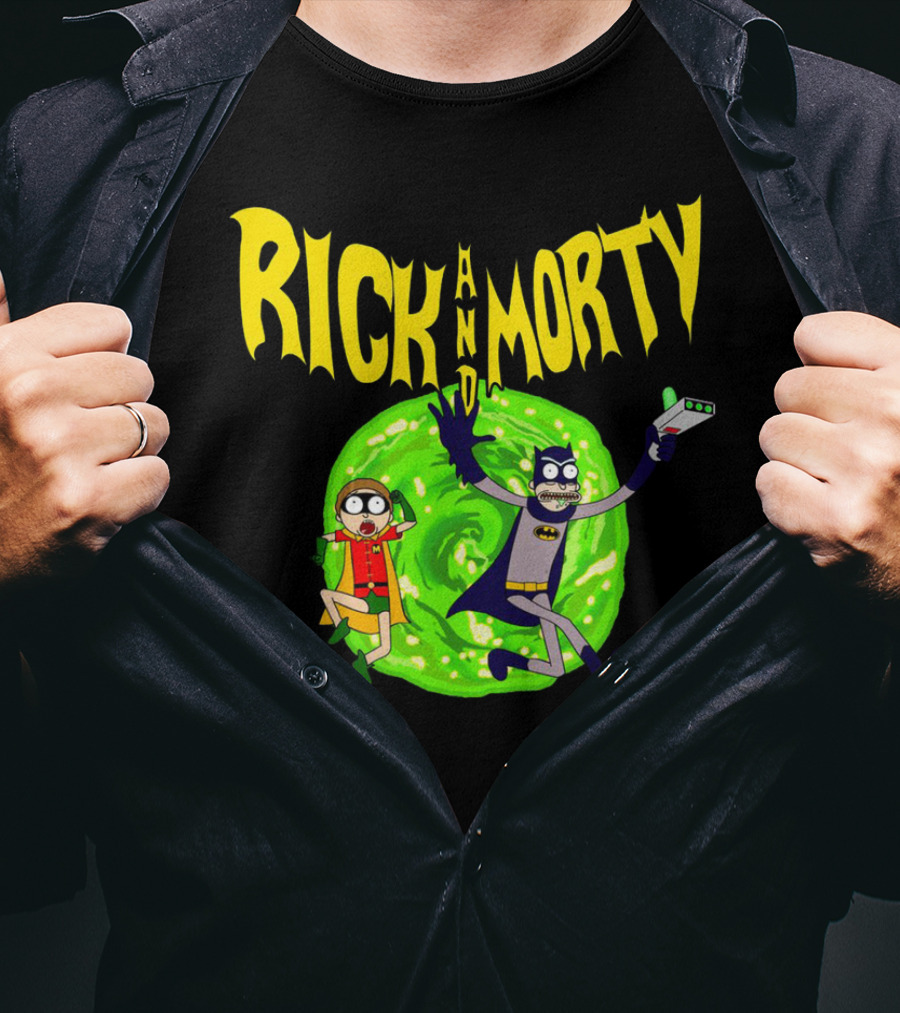 Rick And Morty In Batman Costumes With Portal Gun And Swirling Green Portal T-Shirt