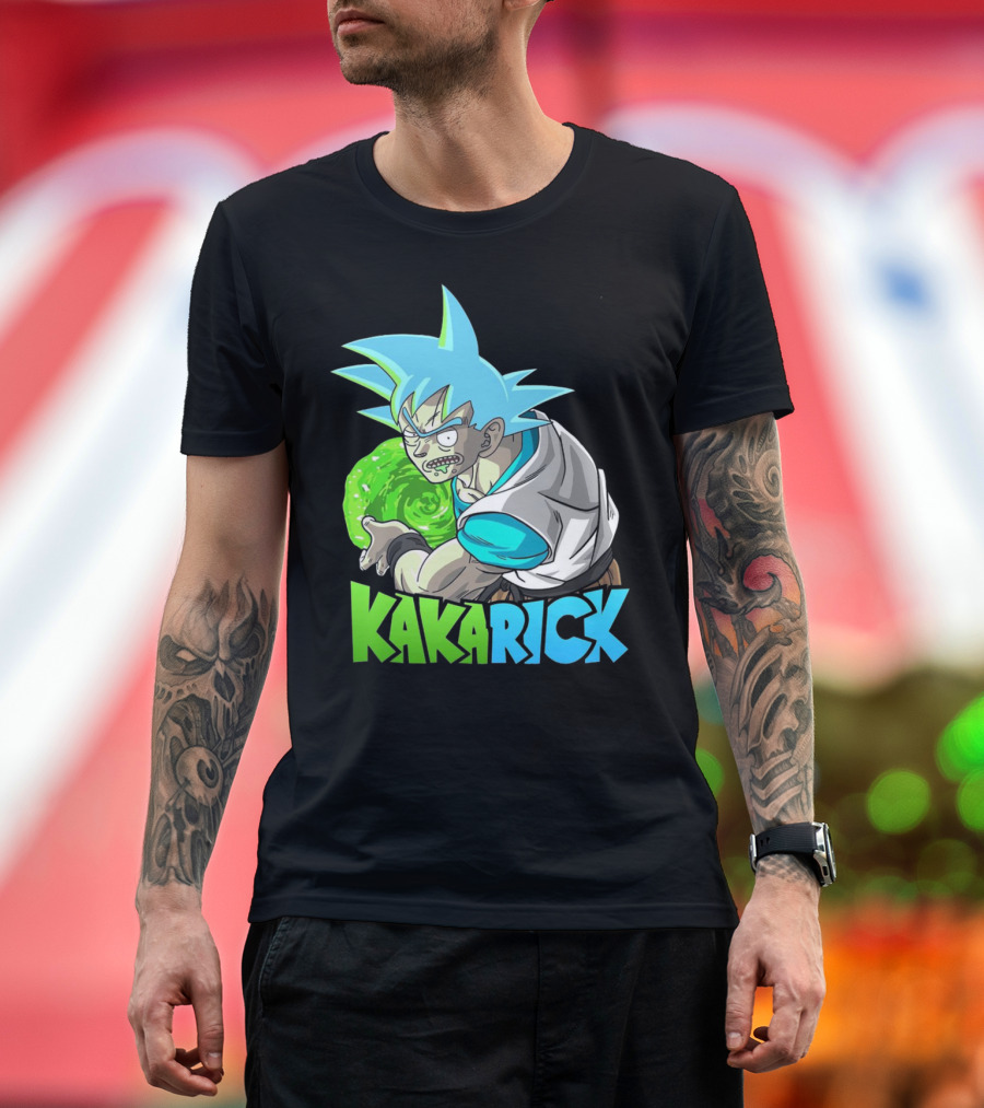 Kakarick Rick and Morty x DBZ Crossover with Green Energy Sphere and Blue Hair T-Shirt