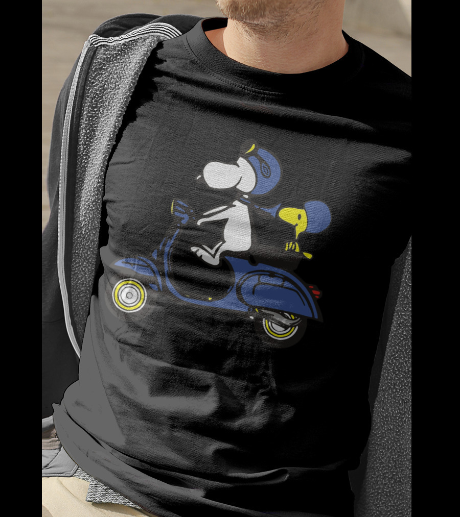 Snoopy And Woodstock Riding Blue Vespa With Helmets T-Shirt