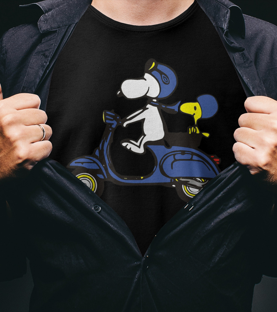 Snoopy And Woodstock Riding Blue Vespa With Helmets T-Shirt