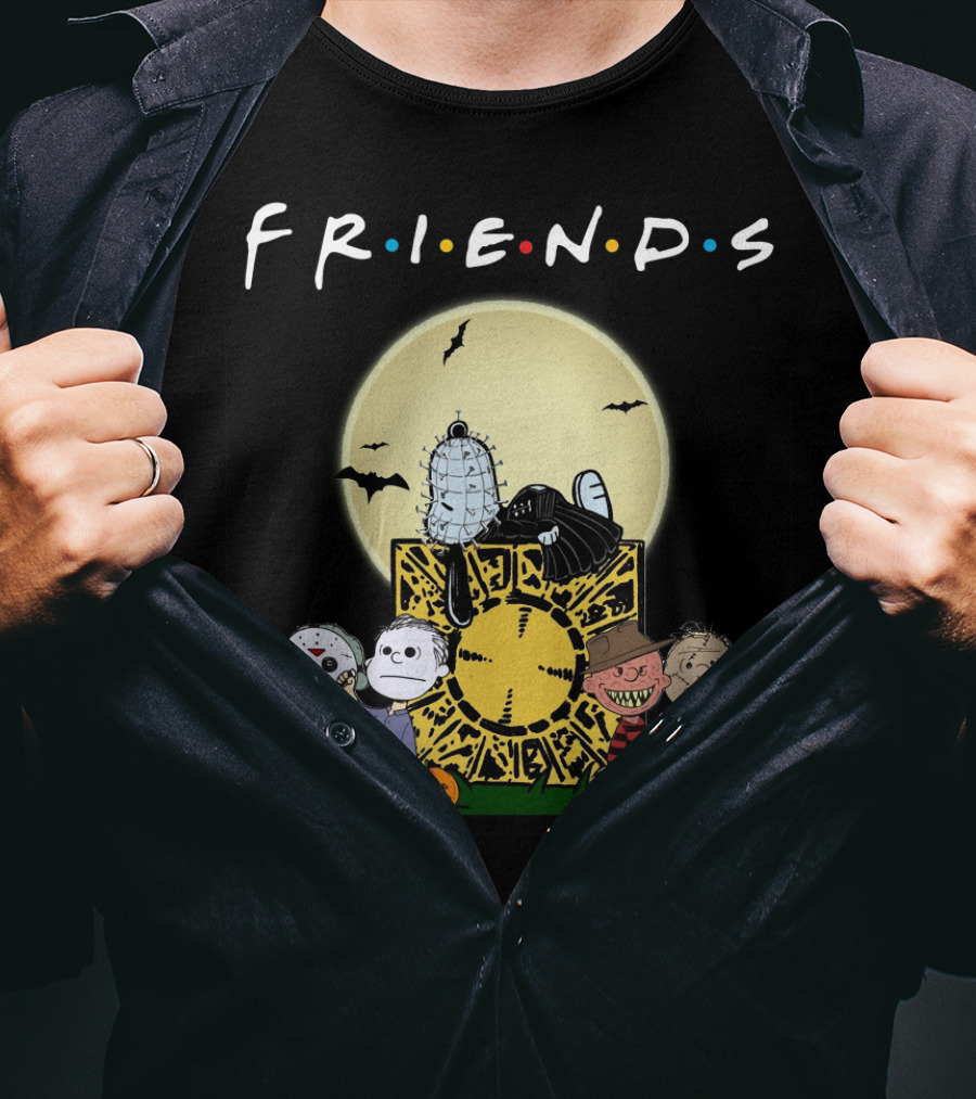 Friends Peanuts Horror Movie Characters Crossover Featuring Iconic Monsters And Symbols T-Shirt