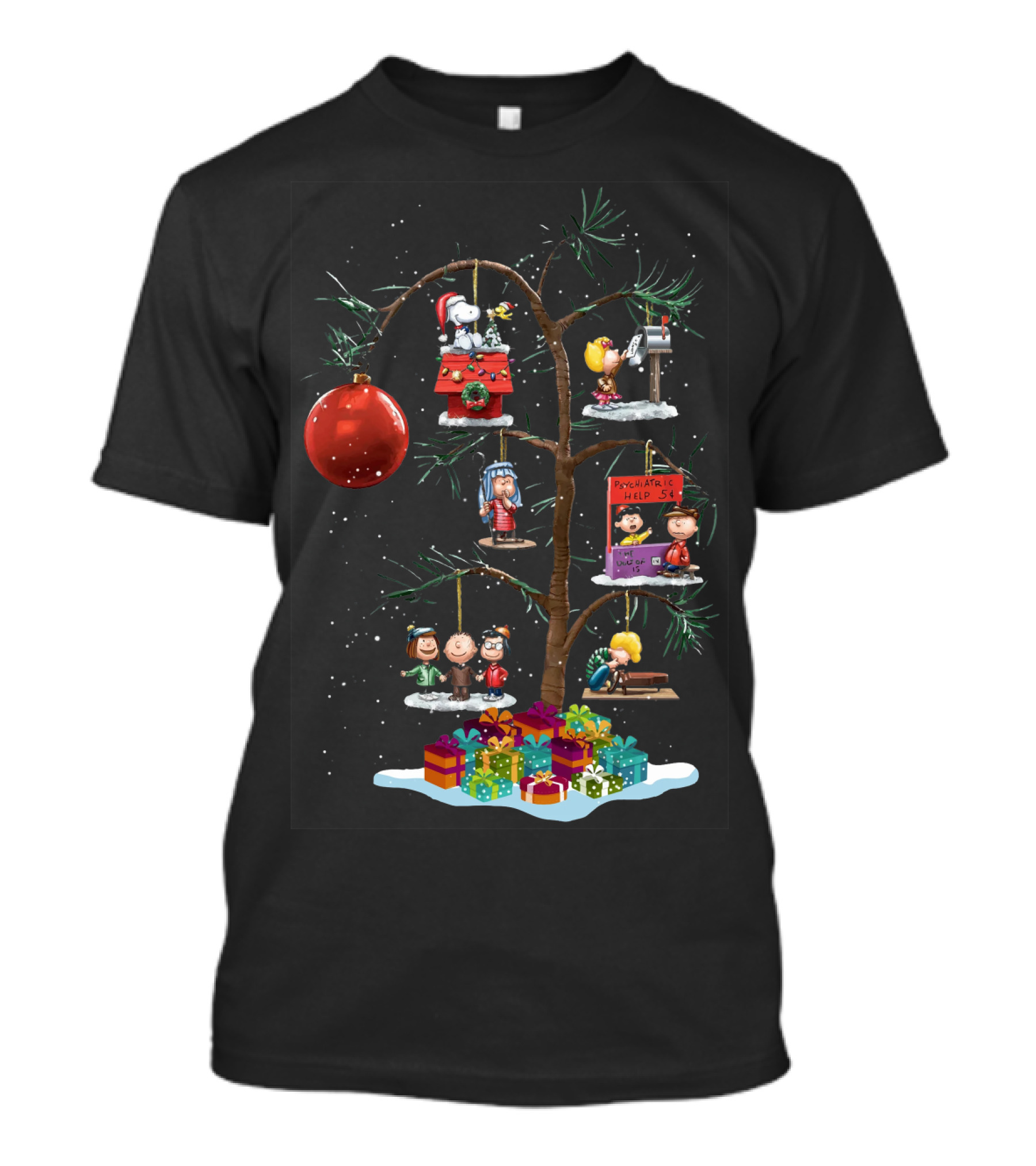 Peanuts Christmas Tree With Snoopy Lucy Charlie Brown And Woodstock Ornaments T-Shirt