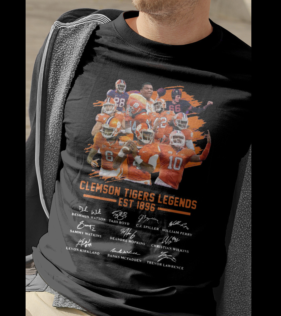 Clemson Tigers Legends Est 1896 Deshaun Watson Tajh Boyd C.J. Spiller William Perry Sammy Watkins Deandre Hopkins Christian Wilkins Levon Kirkland Banks McFadden Trevor Lawrence T-Shirt