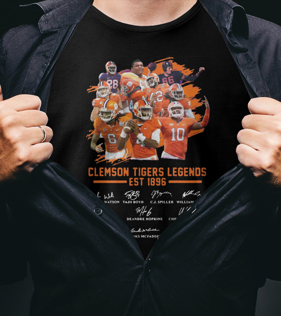 Clemson Tigers Legends Est 1896 Deshaun Watson Tajh Boyd C.J. Spiller William Perry Sammy Watkins Deandre Hopkins Christian Wilkins Levon Kirkland Banks McFadden Trevor Lawrence T-Shirt