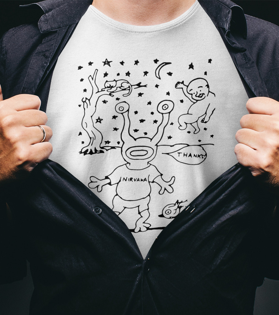 RIP DANIEL JOHNSTON NIRVANA THANKS Drawing With Alien And Stars T-Shirt