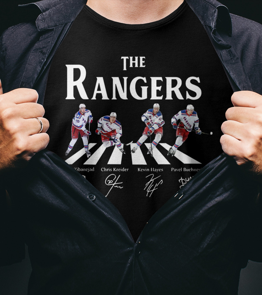 The Rangers Mika Zibanejad Chris Kreider Kevin Hayes Pavel Buchnevich Hockey Abbey Road Signatures T-Shirt
