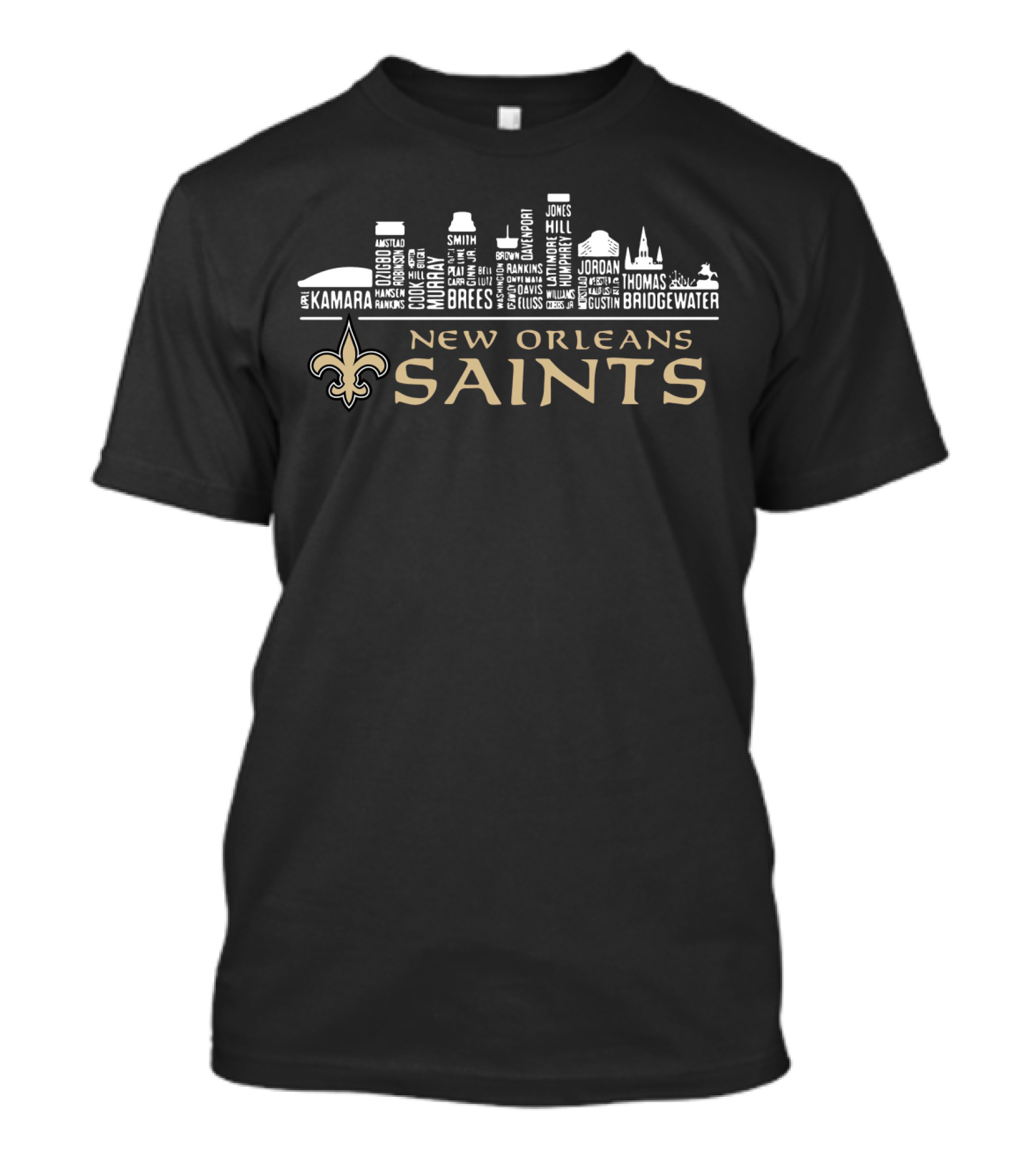New Orleans Saints Skyline Players Kamara Brees Thomas Bridgewater Fleur-De-Lis T-Shirt