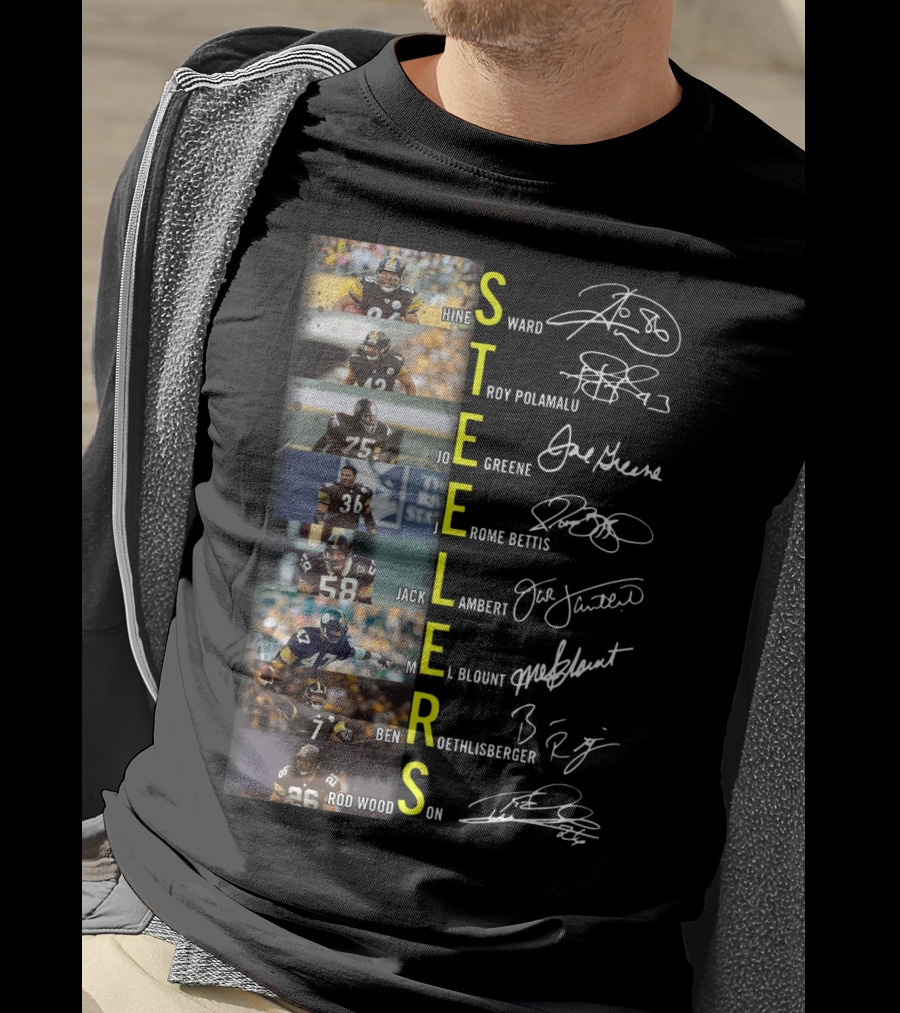 Steelers Hines Ward Troy Polamalu Joe Greene Jerome Bettis Jack Lambert Mel Blount Ben Roethlisberger Rod Woodson T-Shirt