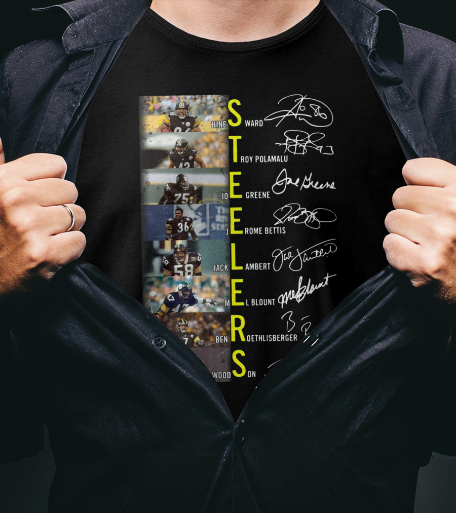 Steelers Hines Ward Troy Polamalu Joe Greene Jerome Bettis Jack Lambert Mel Blount Ben Roethlisberger Rod Woodson T-Shirt
