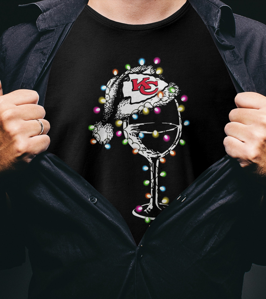 Kansas City Chiefs Holiday Wine Glass With Festive Santa Hat And Christmas Lights T-Shirt