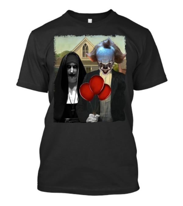 Pennywise And Valak American Gothic Parody With Red Balloons T-Shirt