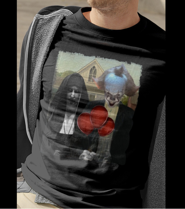 Pennywise And Valak American Gothic Parody With Red Balloons T-Shirt