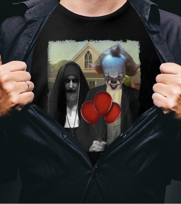 Pennywise And Valak American Gothic Parody With Red Balloons T-Shirt