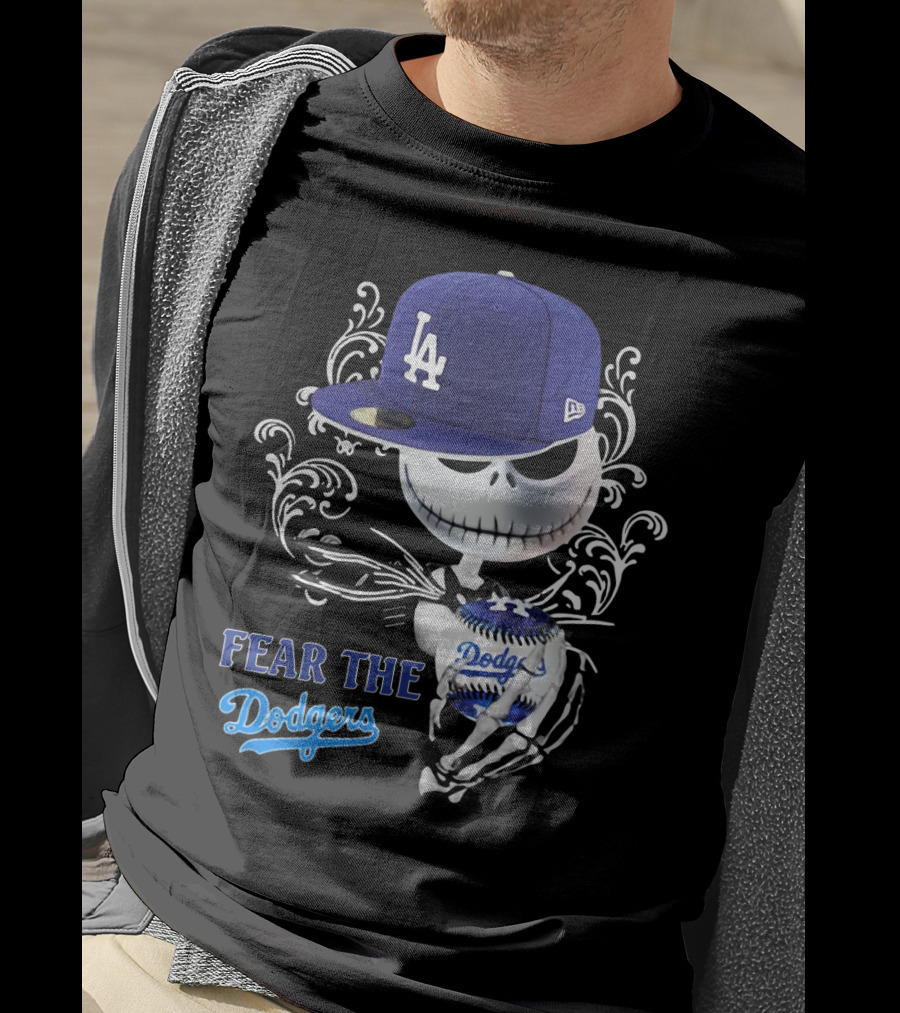 Fear The Dodgers Jack Skellington LA Dodgers Hat Baseball Scene T-Shirt