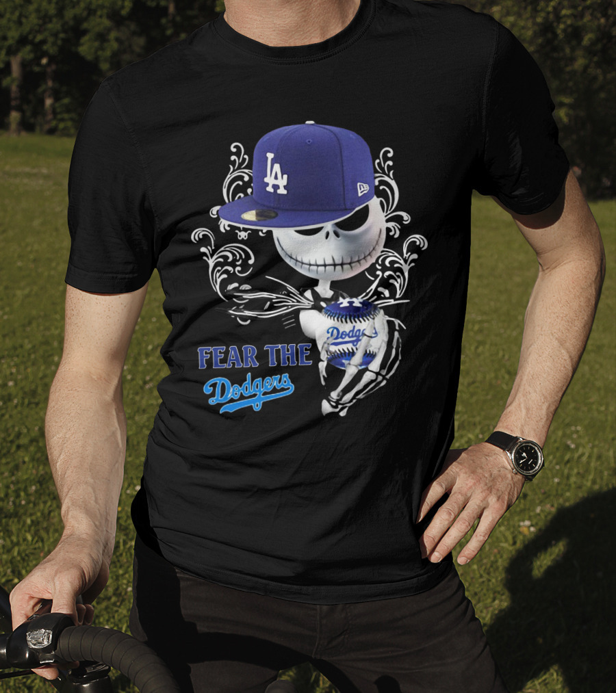 Fear The Dodgers Jack Skellington LA Dodgers Hat Baseball Scene T-Shirt