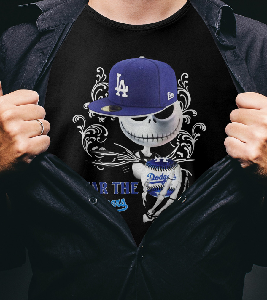 Fear The Dodgers Jack Skellington LA Dodgers Hat Baseball Scene T-Shirt