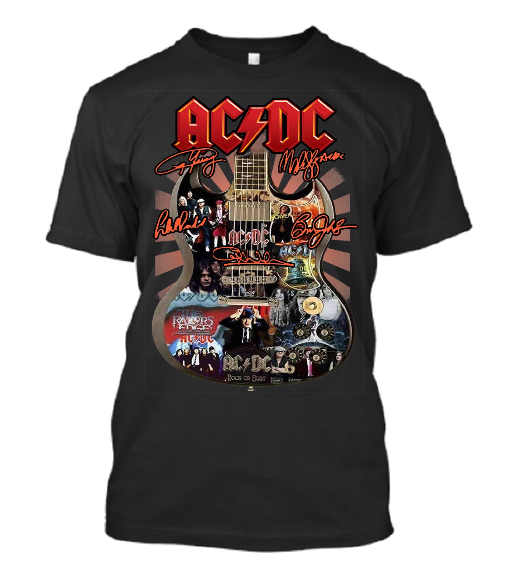 Ac Dc Rock Or Bust Collage Guitar With Autographs And Album Covers T-Shirt