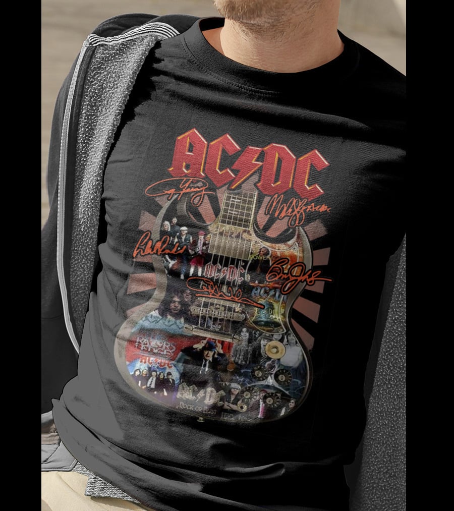 Ac Dc Rock Or Bust Collage Guitar With Autographs And Album Covers T-Shirt