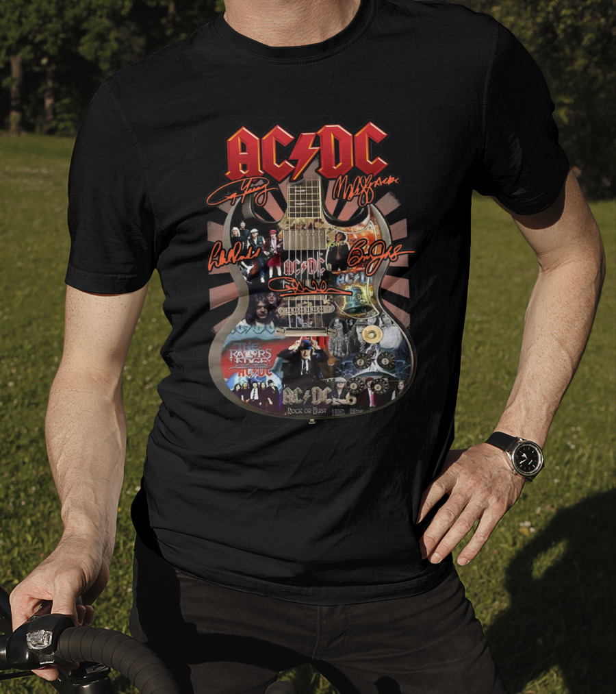 Ac Dc Rock Or Bust Collage Guitar With Autographs And Album Covers T-Shirt