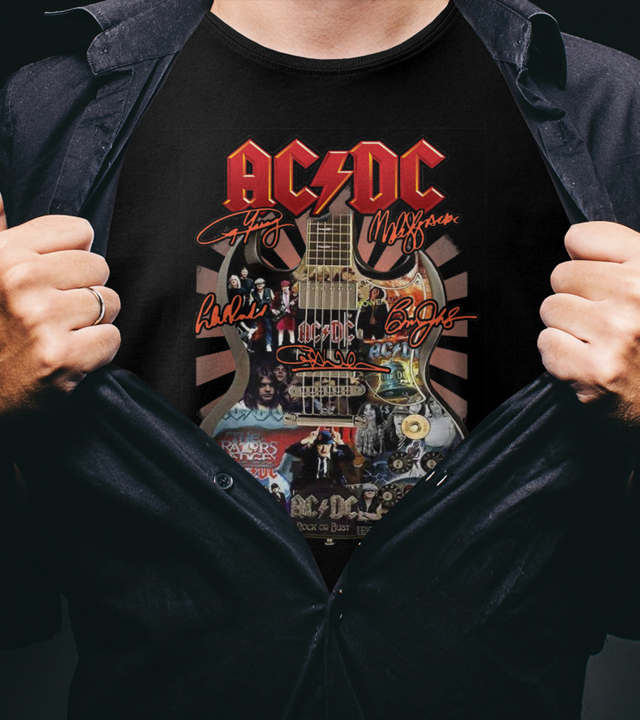 Ac Dc Rock Or Bust Collage Guitar With Autographs And Album Covers T-Shirt