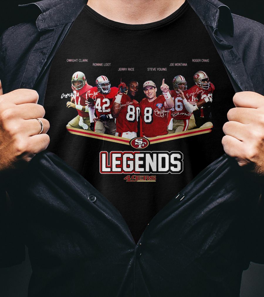 San Francisco 49ers Legends Dwight Clark Ronnie Lott Jerry Rice Steve Young Joe Montana Roger Craig T-Shirt