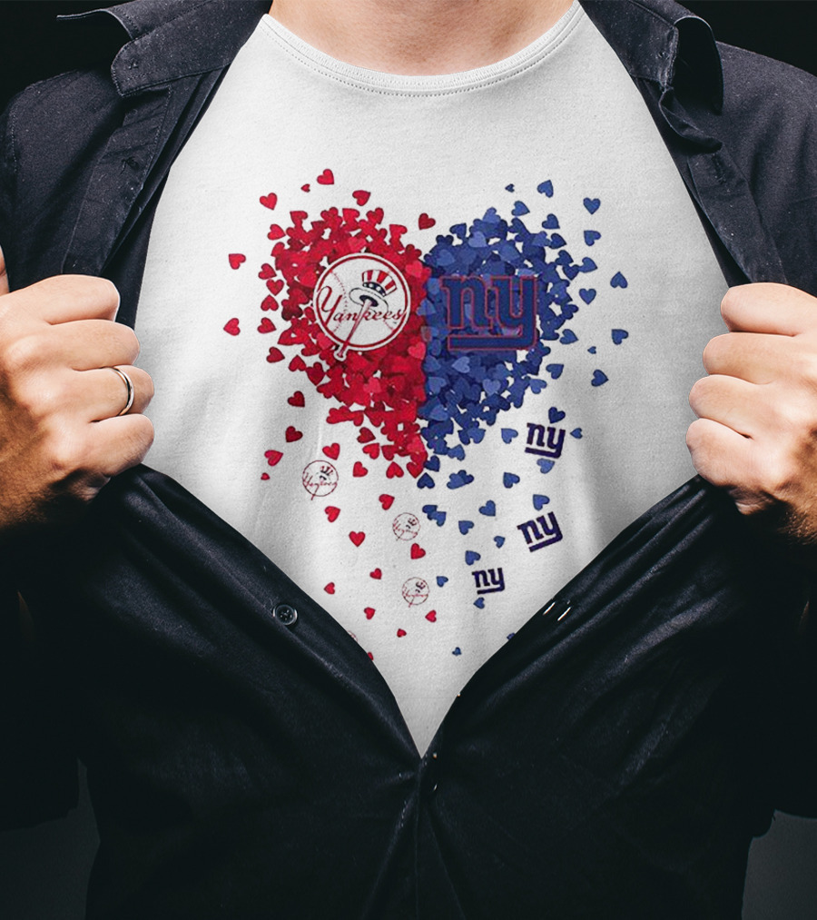 New York Yankees Giants Heart Shaped Logos With Red And Blue Hearts T-Shirt