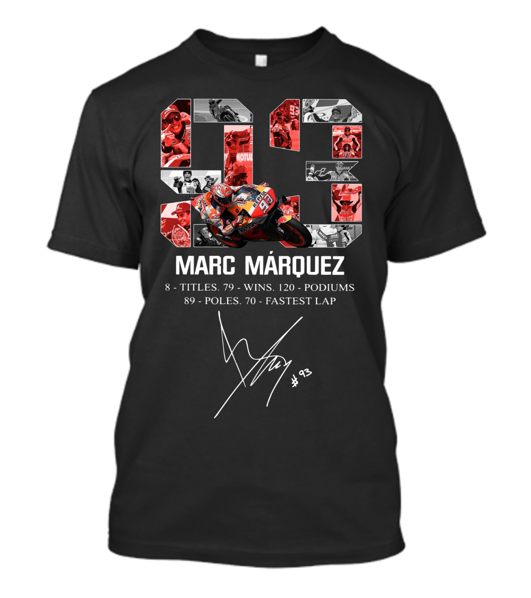 Marc Marquez 93 Racer Achievements 8 Titles 79 Wins 120 Podiums 89 Poles 70 Fastest Laps T-Shirt