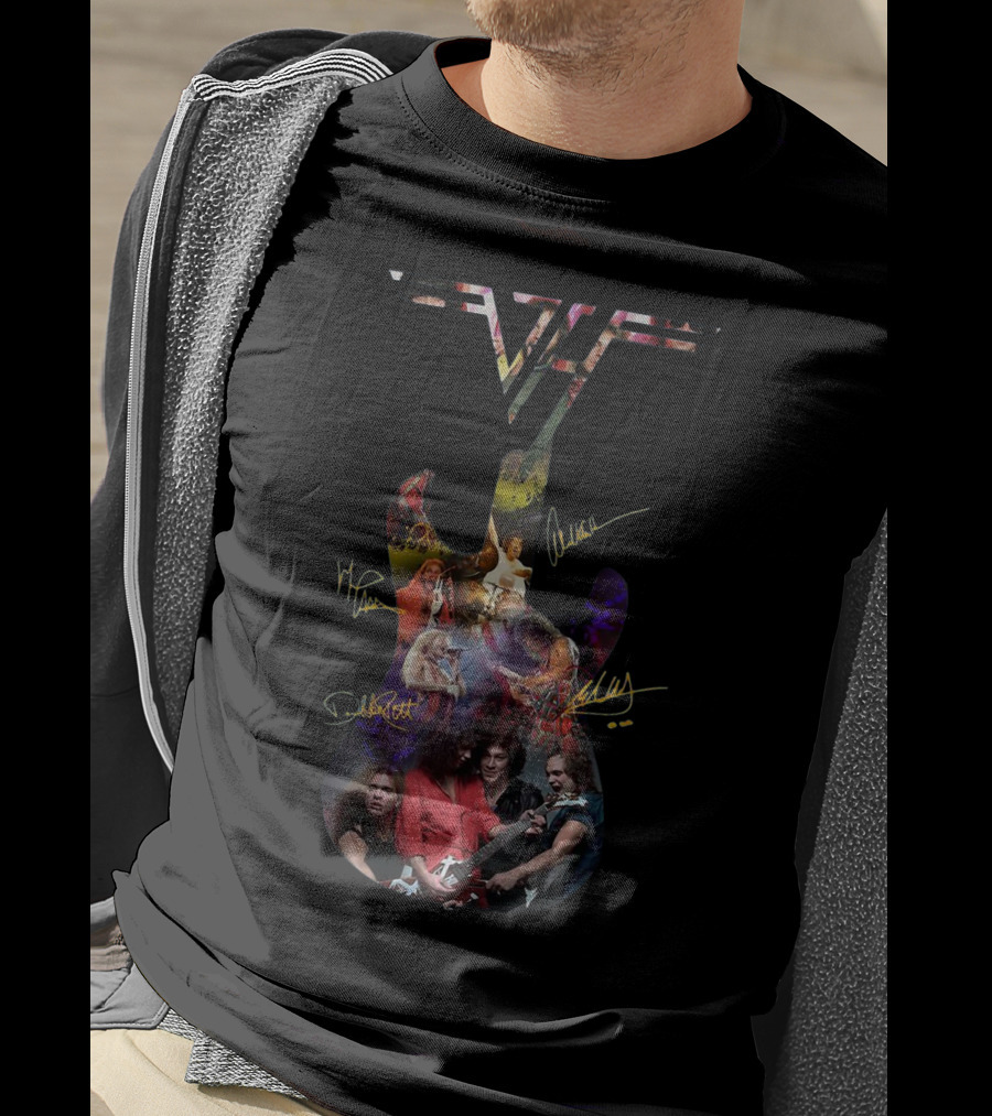 Van Halen Guitar Signed Collage With Band Members T-Shirt