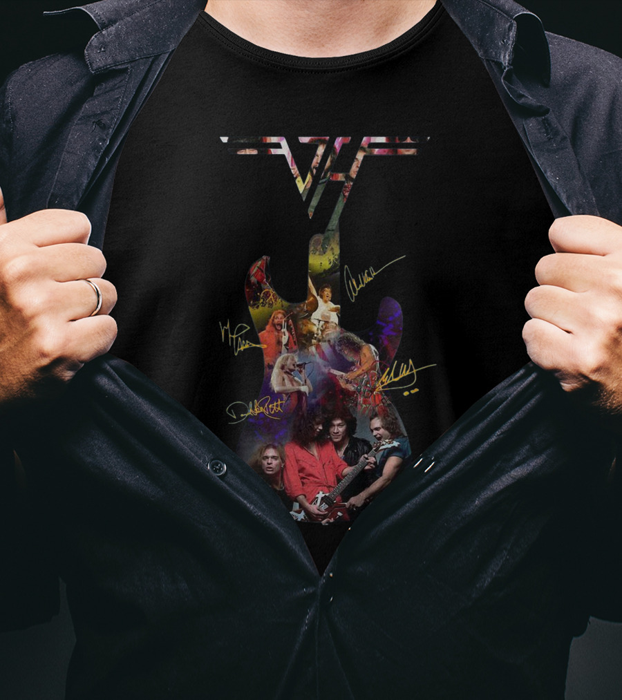 Van Halen Guitar Signed Collage With Band Members T-Shirt