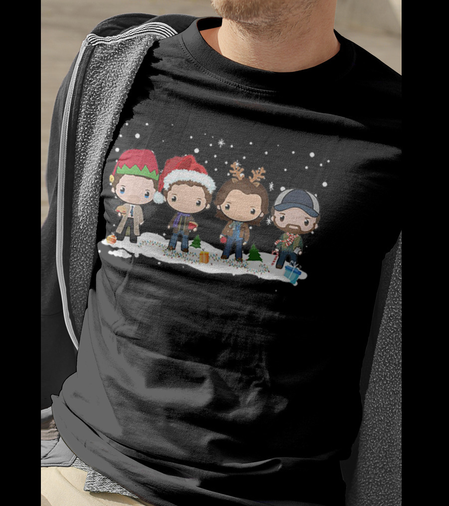 Supernatural Holiday Chibi Characters With Christmas Hats And Snow Scene T-Shirt