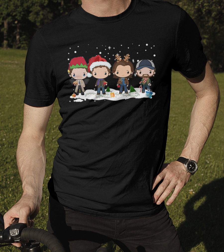 Supernatural Holiday Chibi Characters With Christmas Hats And Snow Scene T-Shirt