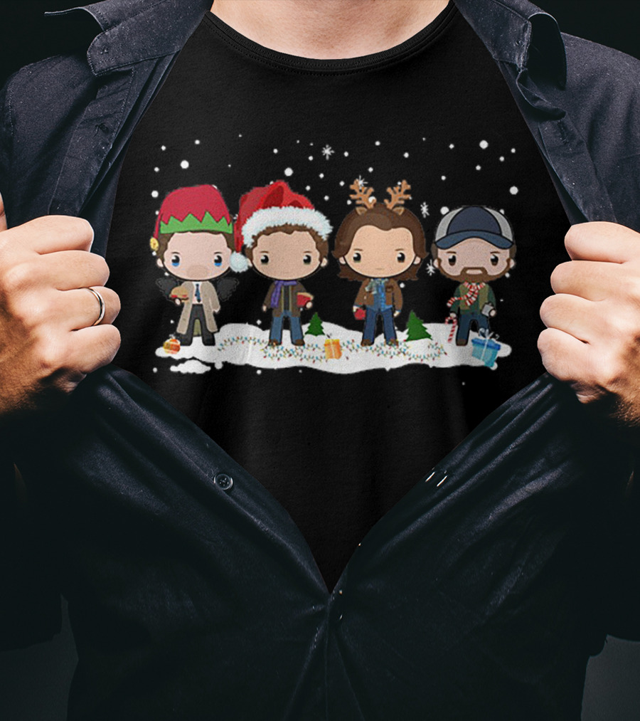 Supernatural Holiday Chibi Characters With Christmas Hats And Snow Scene T-Shirt