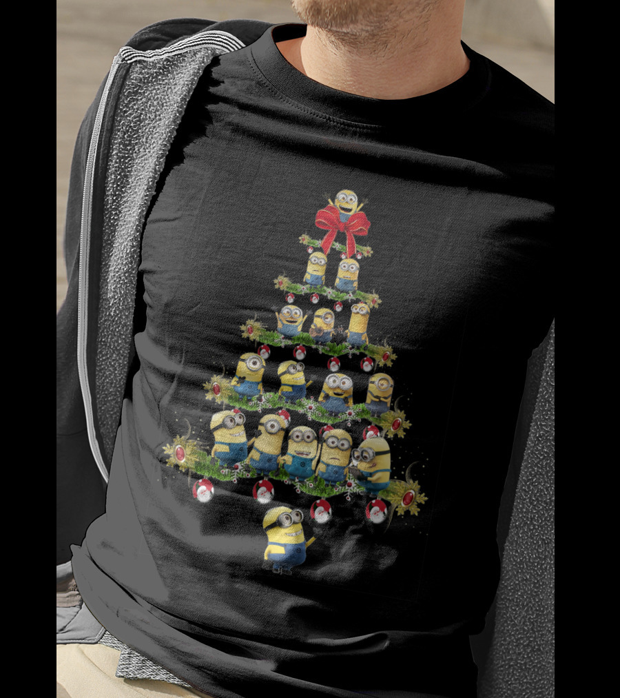 Minions In A Christmas Tree Formation With Festive Decorations T-Shirt