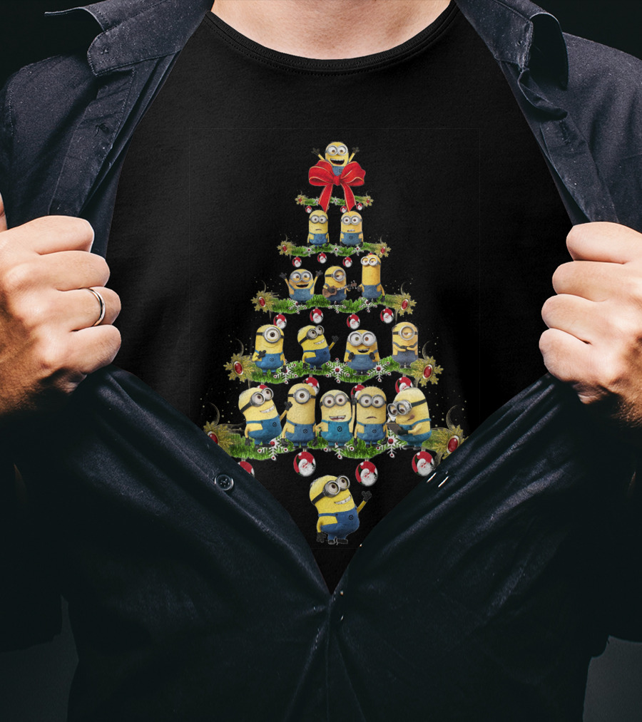 Minions In A Christmas Tree Formation With Festive Decorations T-Shirt