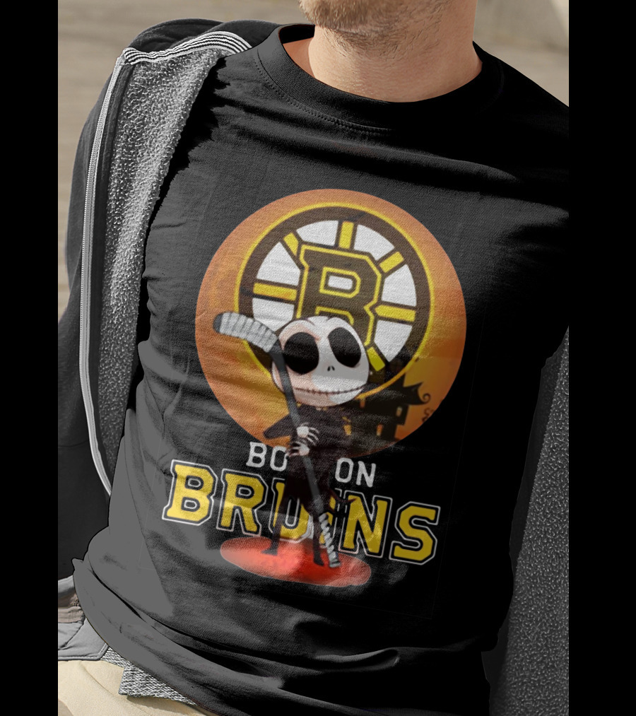 Boston Bruins Jack Skellington Holding Hockey Stick T-Shirt