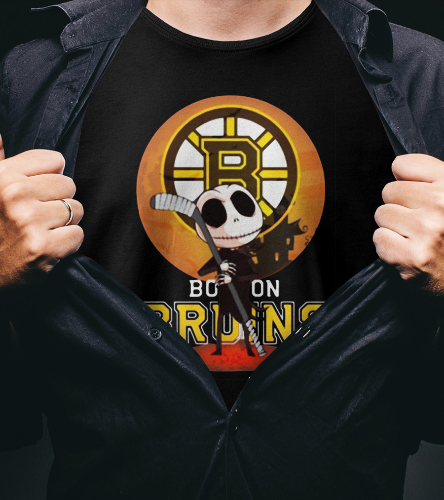 Boston Bruins Jack Skellington Holding Hockey Stick T-Shirt