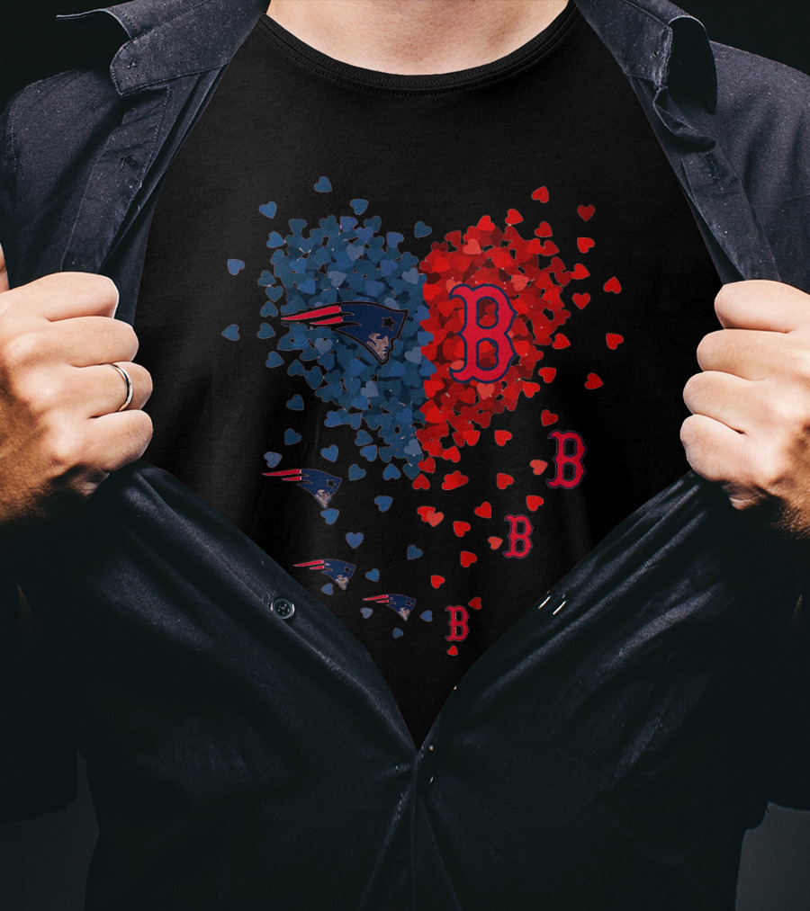 I Love New England Patriots Hearts Boston Red Sox Hearts T-Shirt